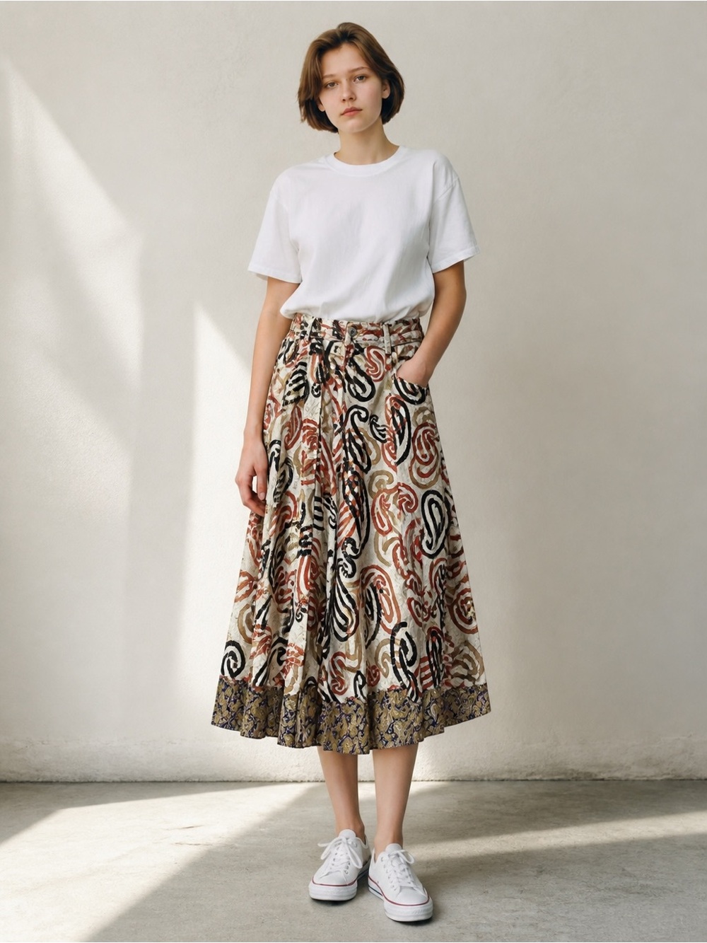 Printed Midi Skirt in Neutral Paisley